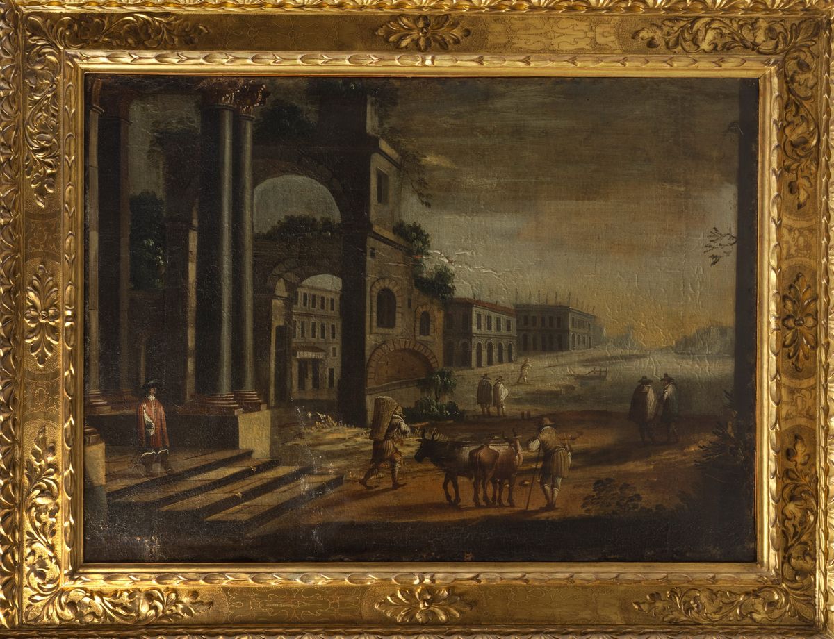 Scuola Italiana, Secolo XVII - Capriccio Architettonico con Viandanti