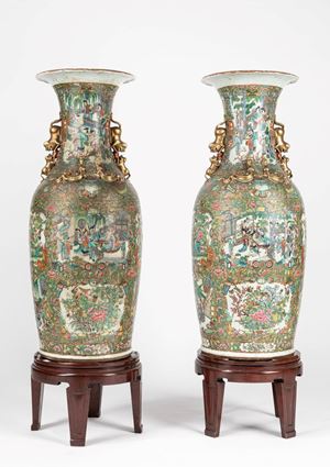 A large pair of Famille Rose Canton vases. China, 19th c.