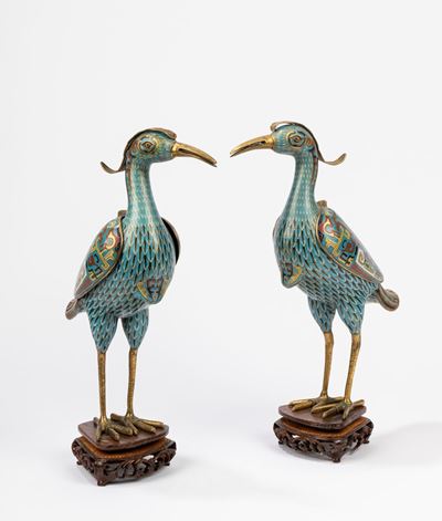 Coppia di gru in smalto cloisonné, Cina, Periodo della Repubblica (1912-1949)