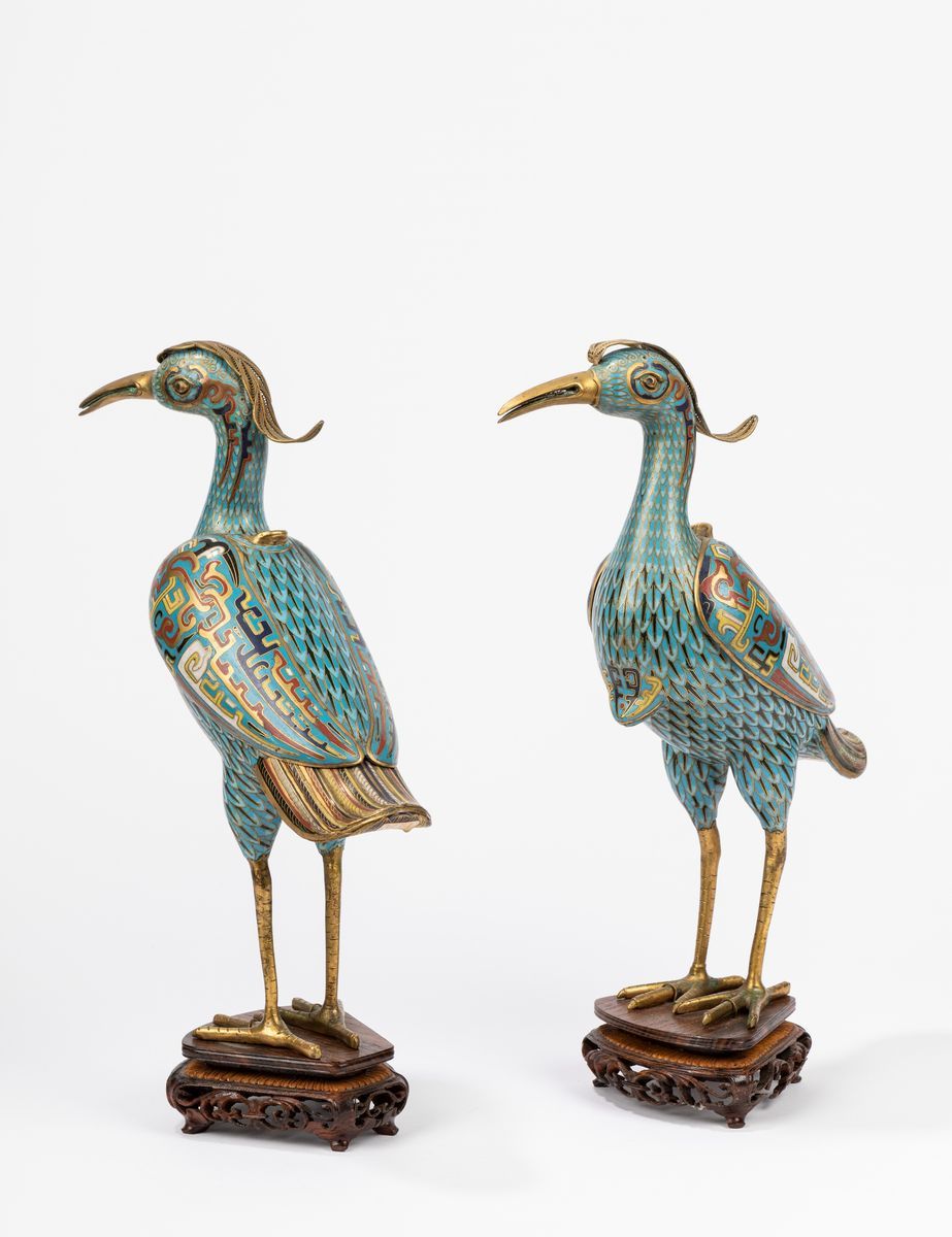 Coppia di gru in smalto cloisonné, Cina, Periodo della Repubblica (1912-1949)