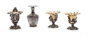 A vase and three cups in silver and vermeil