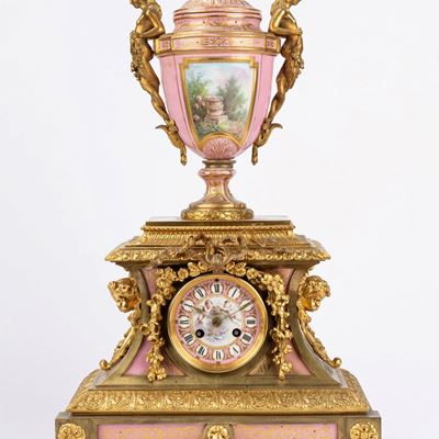 Orologio da appoggio francese, Napoleone III, bronzo dorato e porcellana dipinta
