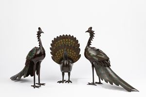 Three Koro shaped as peacocks. Japan, 19th c.