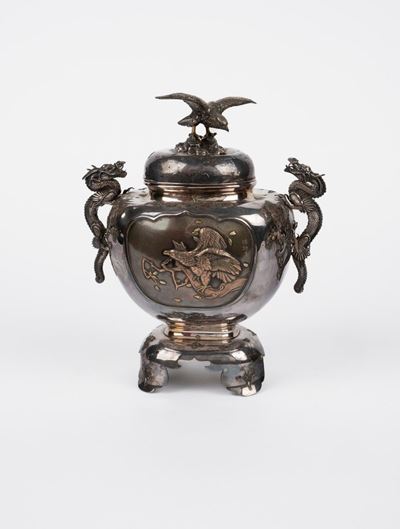 Incensiere in argento Shibayama, Giappone, periodo Meiji (1868-1912), g. 560