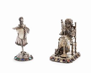 Two sculptures in silver and metal with glass pastes