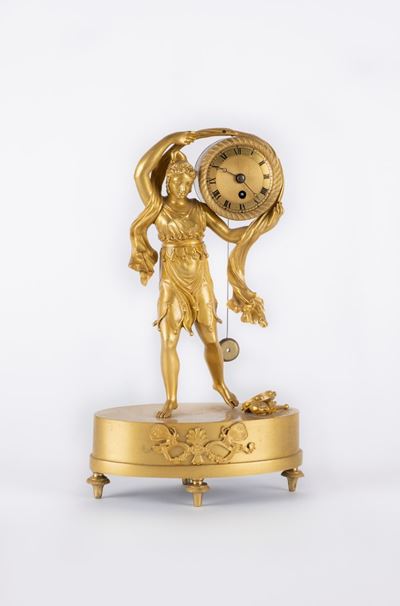Orologio da Appoggio Francese in Bronzo Dorato al Mercurio. Epoca Impero.