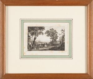 Lot composed of five engravings by Massimo d'Azeglio, Giovanni Migliara, Giuseppe Borsato, Giuseppe Bisi and Carlo Canella, depicting landscapes