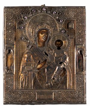Icona raffigurante Madonna con Bambino e Santi. Russia, secolo XIX