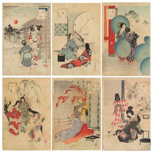 Lotto composto da sei incisioni di scuola Ukuyo-e. Giappone, periodo Meiji (1868-1912)