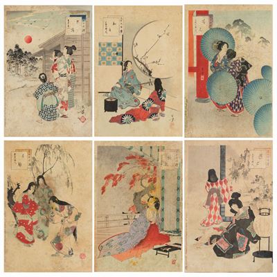Scuola Ukuyo-e, Lotto di sei incisioni Giapponesi, periodo Meiji (1868-1912)