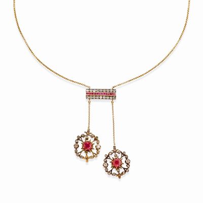 Collana in oro giallo 18k e argento con pietre rosse e diamanti taglio rosa