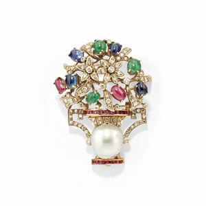 A 18k two-color gold, sapphire, ruby, emerald, diamond and cultured pearl brooch
