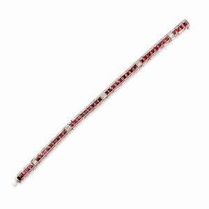 A 18k white gold, red stone and diamond bracelet