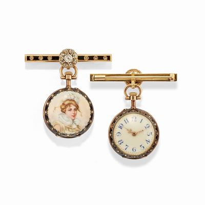 Spilla con monachina, oro giallo 18k, diamanti e smalto