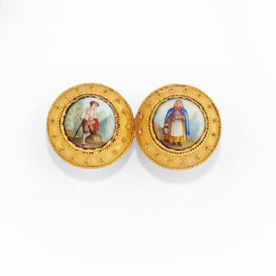 Spilla in oro giallo 18k con miniature, inizio XX secolo