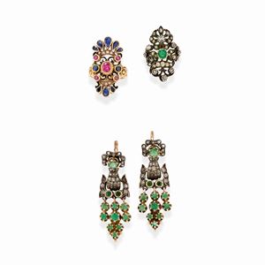 A 18k and low carat yellow gold, silver, emerald, ruby, sapphire, diamond and enamel two earrings and two rings