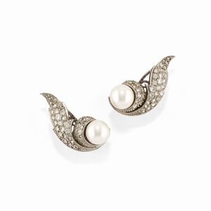 A 18k white gold, diamond and cultured pearl earrings