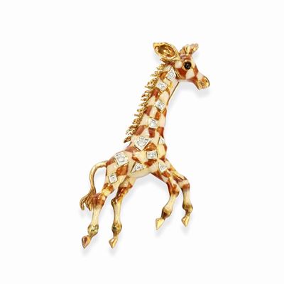 Spilla con smalto policromo e diamanti taglio huit-huit in oro bicolore 18k