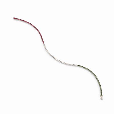 Bracciale tennis in oro bianco 18k con rubini, smeraldi e diamanti