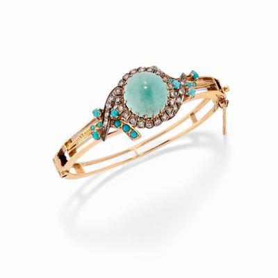 Bracciale con turchesi e diamanti, oro giallo 14k e argento, XIX Secolo