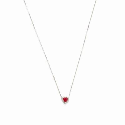 Pendente in oro bianco 18k con rubino a cuore e diamanti