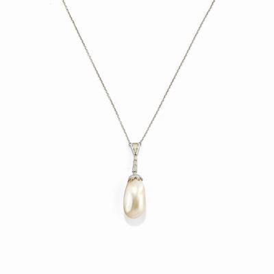Collana con perla naturale e diamanti, oro bianco 18k