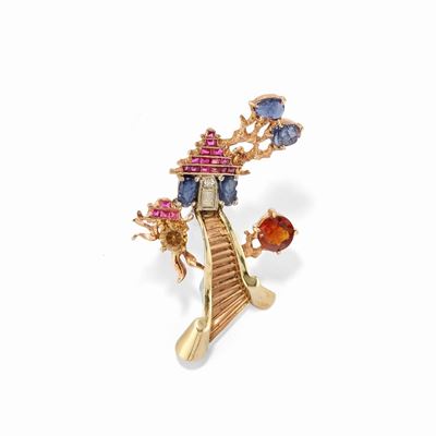 Spilla con pietre di colore, oro 14k, rubini, zaffiri e diamanti