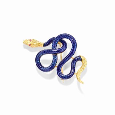 Spilla serpente in oro giallo 18k con smalto blu e rubini