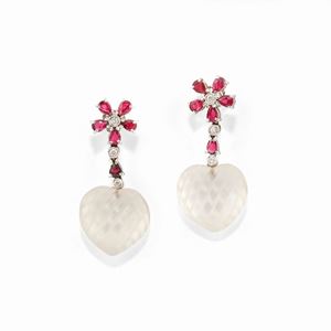 A 18k white gold, ruby, diamond and crystal rock earrings