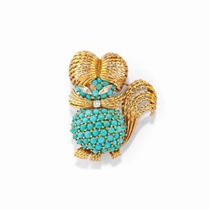 A 18k yellow gold, turquoise and diamond brooch, defects