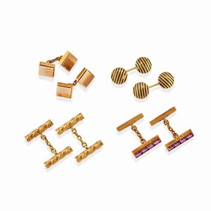 Four 18k yellow gold, enamel and amethyst pair of cufflinks