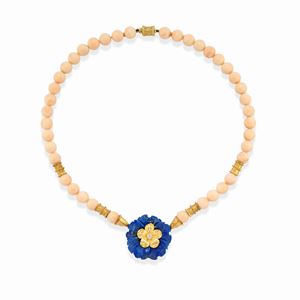 A 18k yellow gold, lapislazuli, coral and diamond necklace