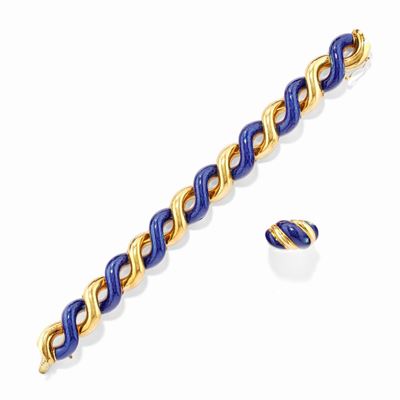 Bracciale e anello in oro giallo 18k con smalto blu