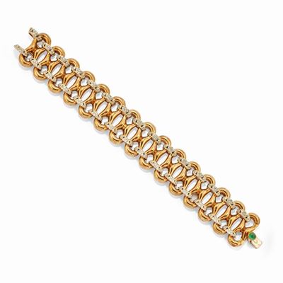 Bracciale in oro bicolore 18k con diamanti e smeraldo cabochon, circa 1950