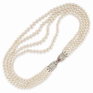 A platinum, cultured pearl, diamond and ruby necklace