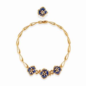 A 18k two-color gold, enamel and diamond demi parure, with necklace and ring, with Cusi box