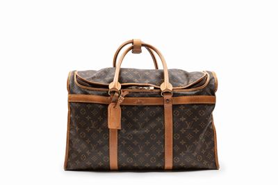 Borsone da viaggio in tela monogram con profili in vacchetta, cm 54x24x35