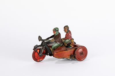 Sidecar, giocattolo in latta a molla con ruote a razze