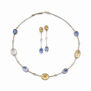 A 18k white gold, sapphire and diamond demi parure, signed Faraone, with certificate