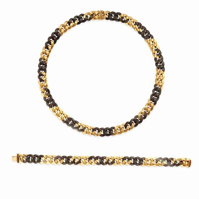Demi parure, collana e bracciale in oro giallo 18k e metallo brunito