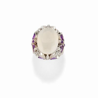 Anello in oro bianco 18k con pietre dure e diamanti