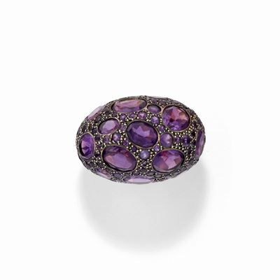 Anello con ametiste, oro giallo 18k e argento 925