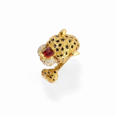 Anello con leopardo in oro bicolore 18k con smalto e diamanti