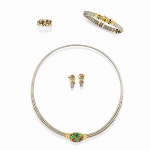 A 18k yellow gold, steel and enamel parure, Fred
