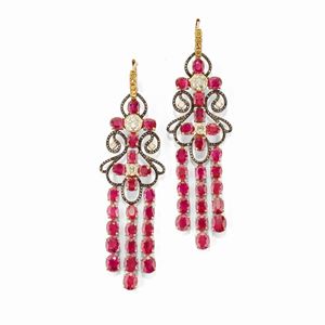 A 18k yellow and burnished gold, ruby and diamond earrings, defects