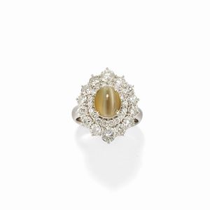 A platinum, chrysoberyl and diamond ring
