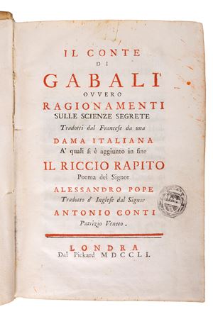 Nicolas Pierre Henri Montfaucon de Villars - Il Conte di Gabali' or Reasonings on the secret sciences translated from French by an Italian lady to which is added at the end Il Riccio rapito poem by Signor Alessandro Pope