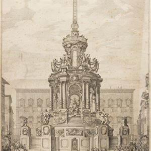 Incisione   Apparati effimeri  - Panini , Giuseppe / Lorrain, Louis joseph  le  - Macchina artificiale rappresentante l'unione di amore ed Imeneo, nel Tempio di Minerva allusiva alle nozze del Real Delfino, e Maria Teresa Infanta di Spagna, fatta erigere in Roma nella piazza Farnese da Monsignor di Canilliac, ministro della Maestà del Re Christianissimo presso la santità di Nostro Signore Benedetto 14. nel mese di maggio 