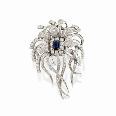 Spilla con diamanti e zaffiro, oro bianco 18k