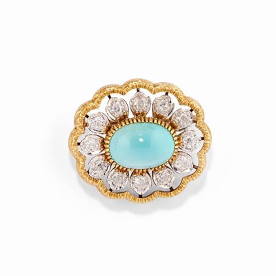 Spilla in oro bicolore 18k con turchese e diamanti